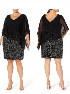 J Kara Black Capelet Poncho Overlay Sequin Beaded Evening Dress NWT New Plus 24W